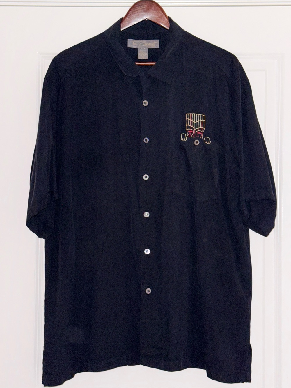 Tori Richard Mens XL Black Polynesian TIKI JOES Embroidered 100% Silk Vntg Shirt